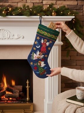 Vintage Christmas Stocking with festive Angels Wool Blue/Green EUC